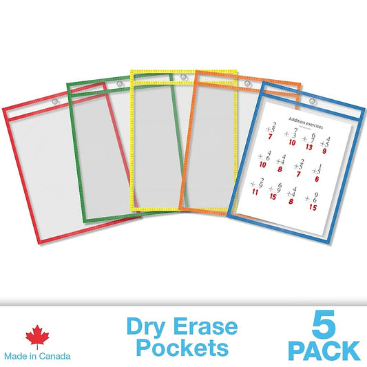 Pochettes éducatives effaçables à sec QuickFit 9" x 12", assorties, paquet de 5