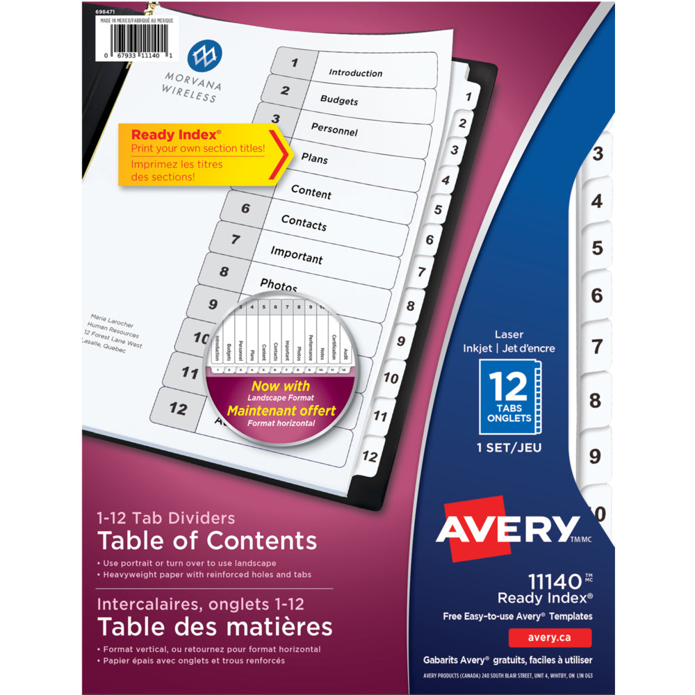 Intercalaires numérotés Avery Ready Index (1 à 12) - Noir et blanc - Format lettre - 12 onglets