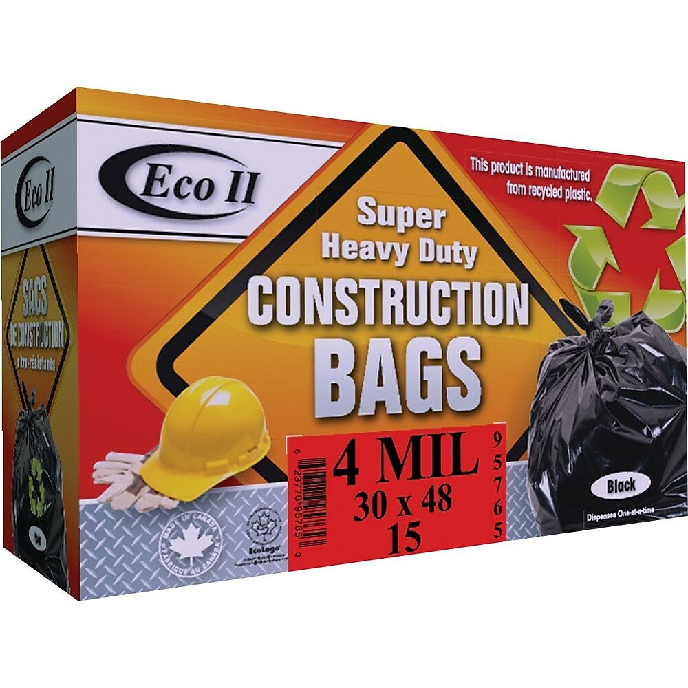 ECO II Super Heavy Duty Plastic Construction Bags, Black, 4 Mil, 30" x 48", 15 Pack (95765)