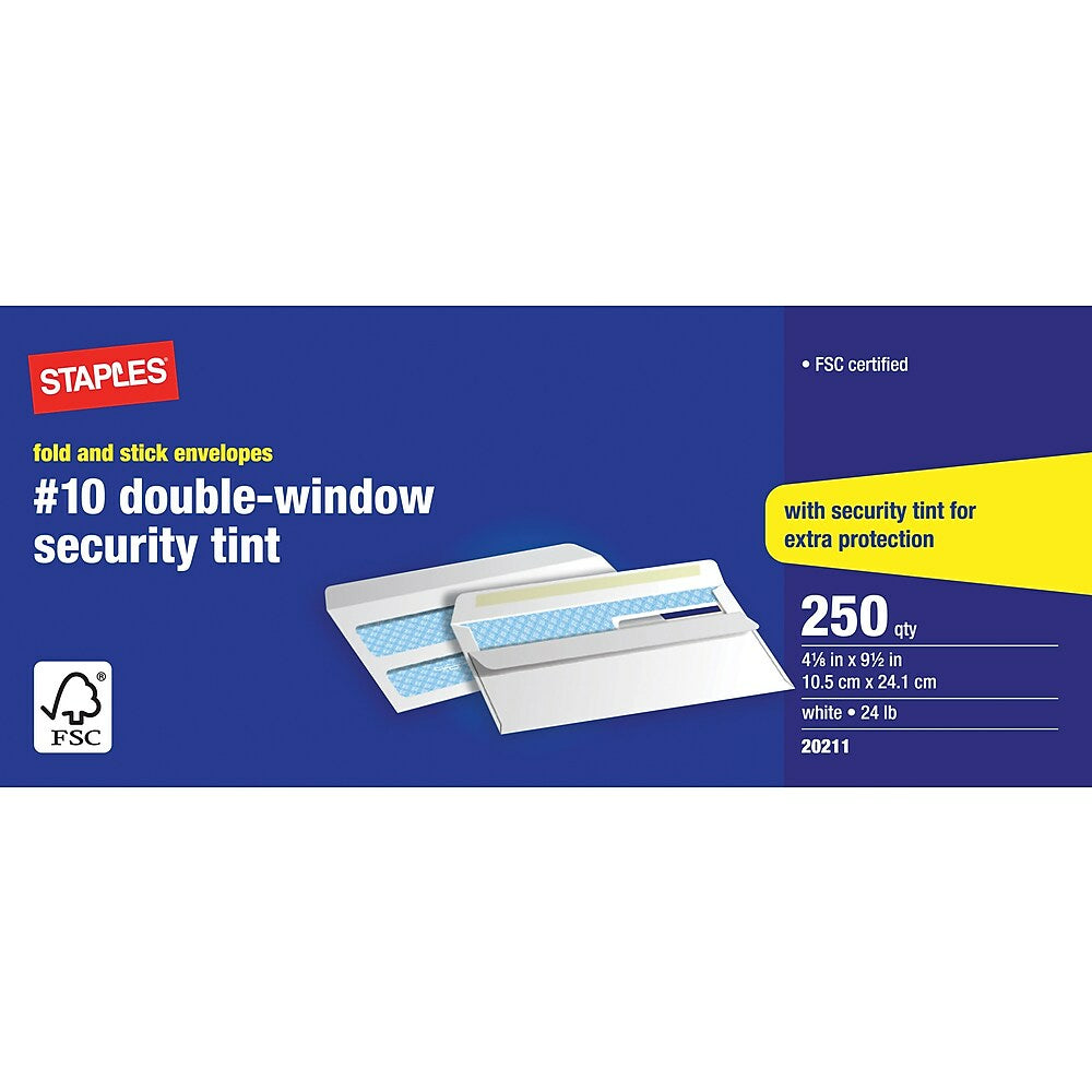 Staples Fold-and-Stick #10 Double Window Security Envelopes - 4-1/8" x 9-1/2" - White - 250 Pack