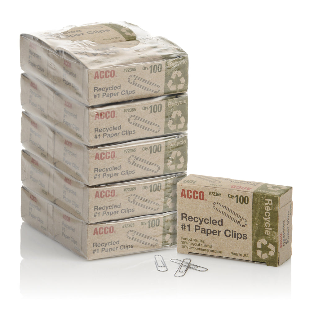 ACCO Smooth Recycled Paper Clips - #1 - 1 1/4" - Silver - 1000 Pack