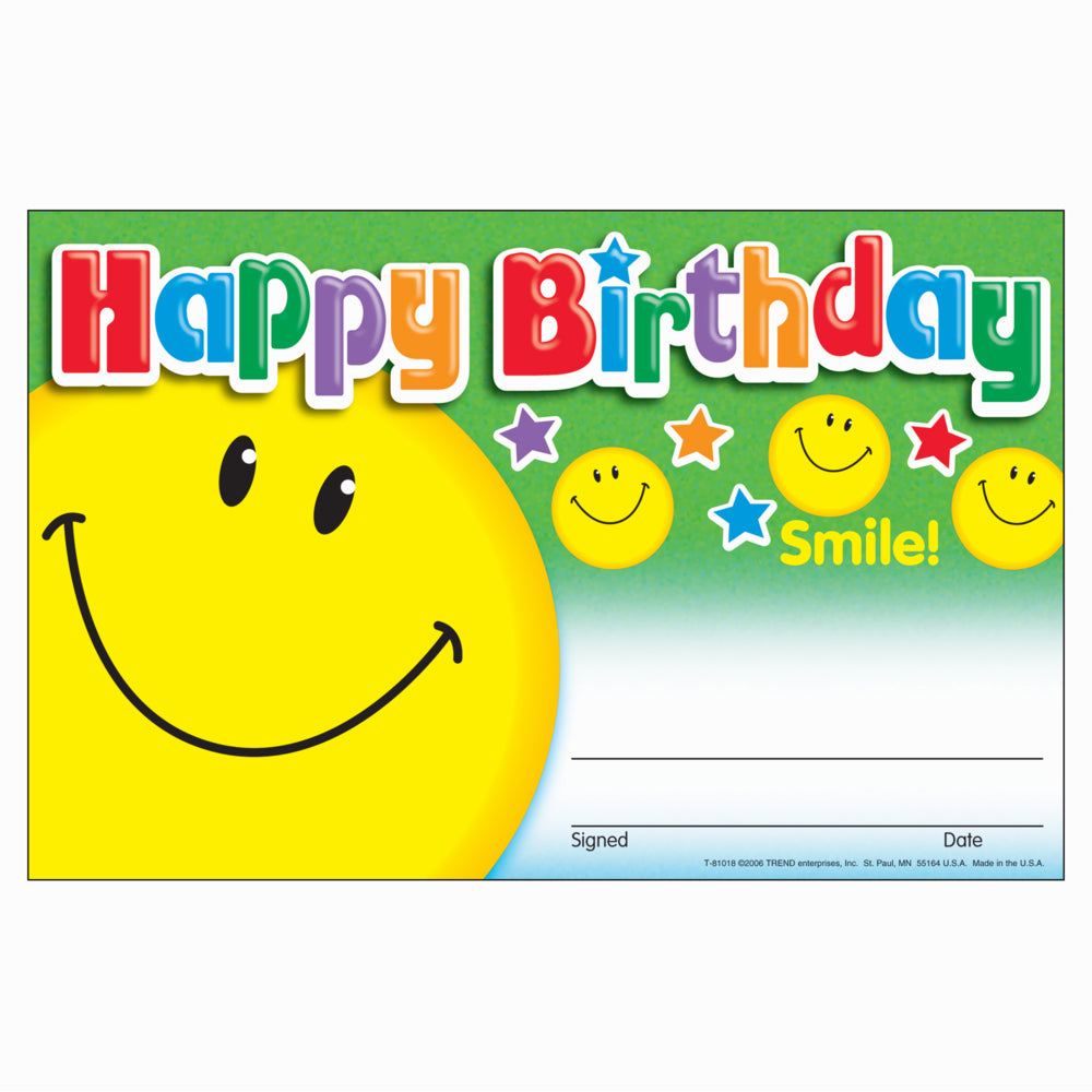 TREND enterprises Happy Birthday Recognition Awards - 5.5" x 8.5" - Smile - 30 pack - English
