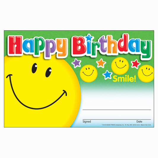 TREND enterprises Happy Birthday Recognition Awards - 5.5" x 8.5" - Smile - 30 pack - English
