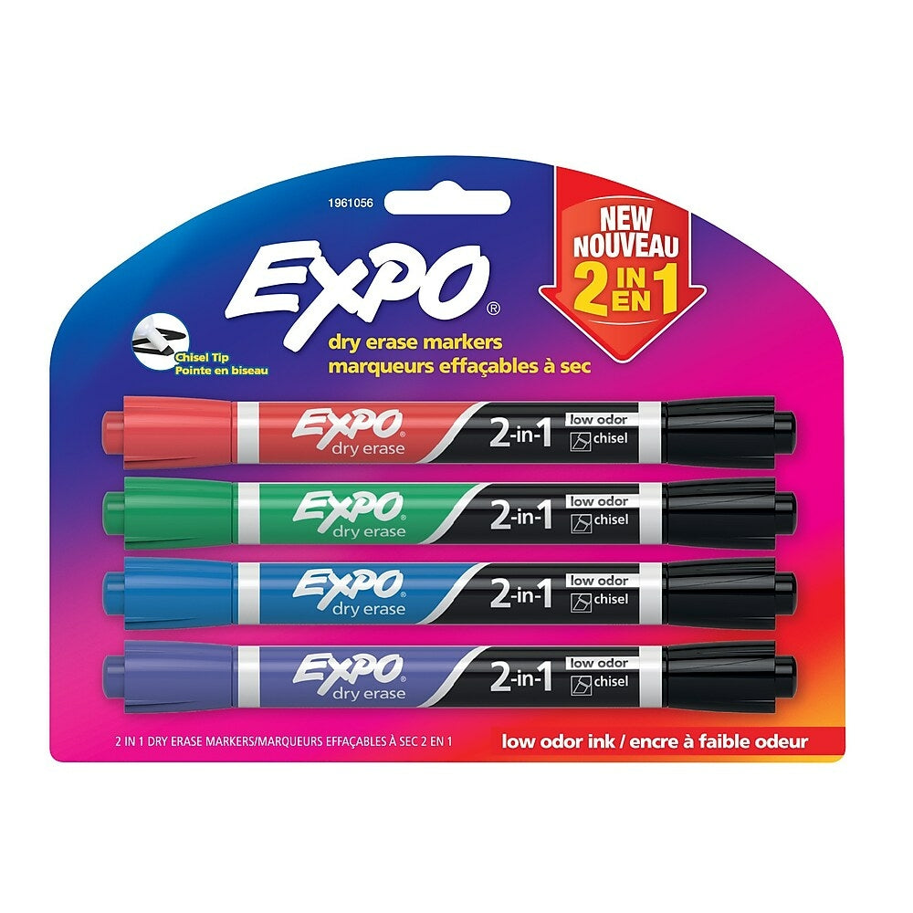 Marqueurs effaçables à sec Expo Low Odour 2 en 1, pointe biseautée, assortis, paquet de 4