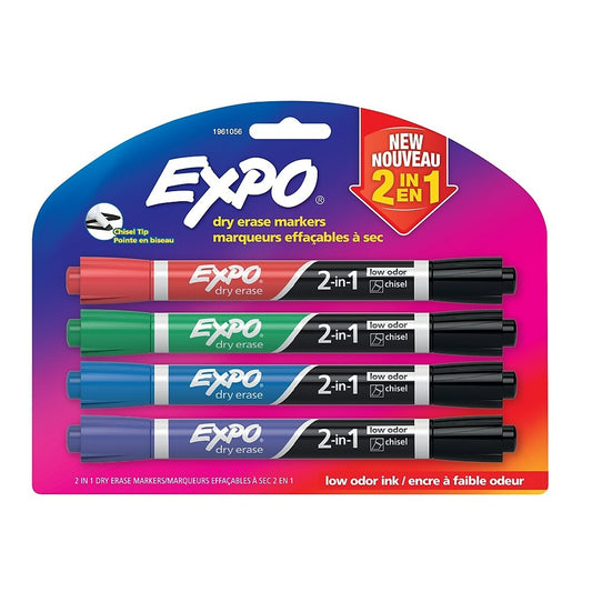 Marqueurs effaçables à sec Expo Low Odour 2 en 1, pointe biseautée, assortis, paquet de 4