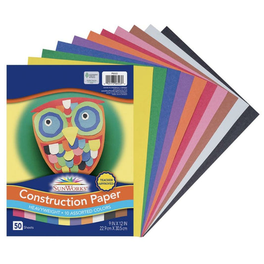Papier de construction SunWorks, 10 couleurs assorties, 22,9 cm x 30,5 cm, 50 feuilles/paquet.