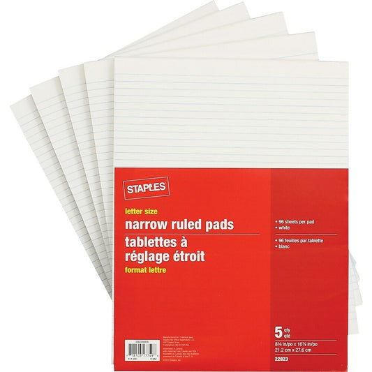 Staples Letter-Sized Narrow-Ruled Paper Pads - White - 8-3/8" x 10-7/8" - 96 Sheets - 5 Pack