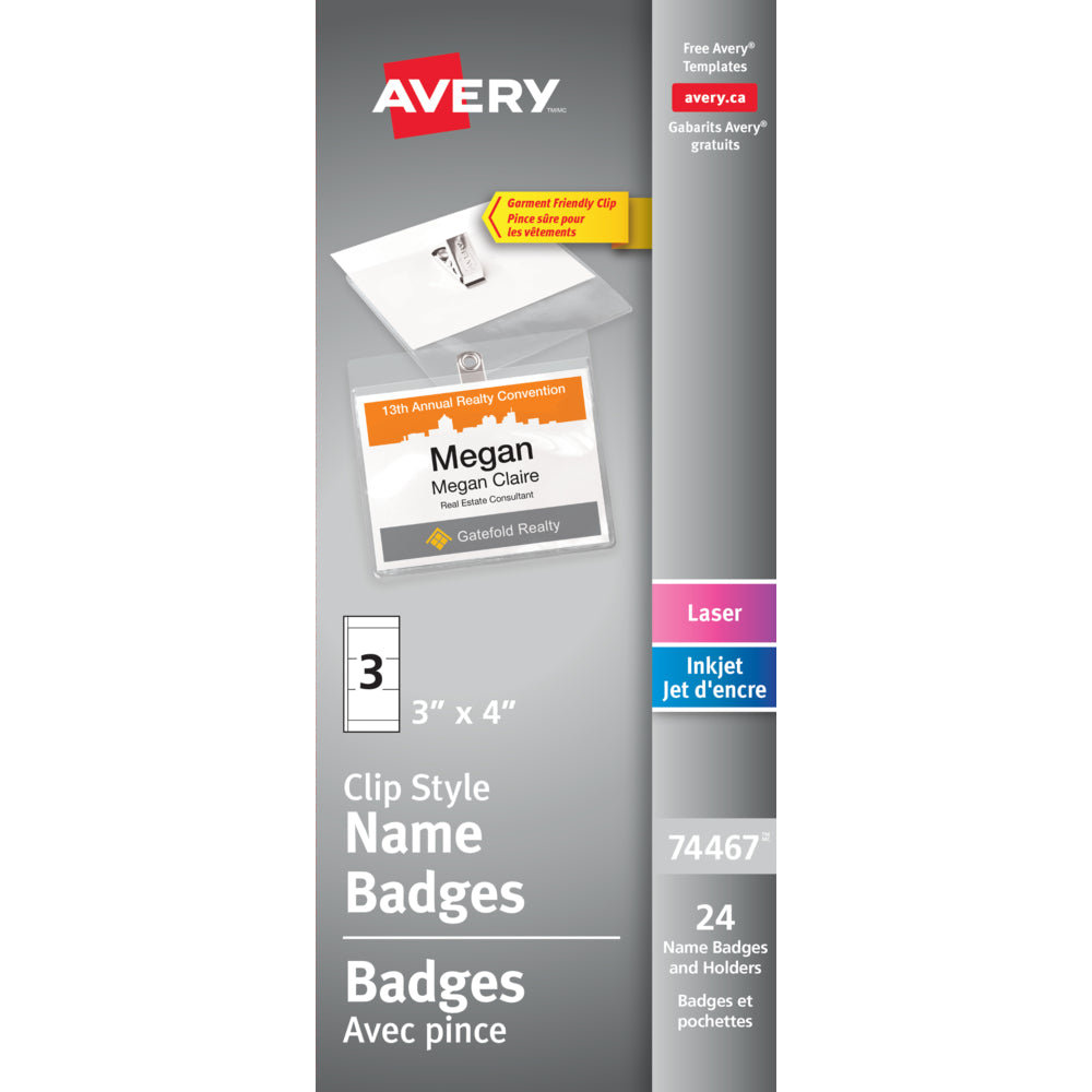 Kit de badges nominatifs laser/jet d'encre Avery Clip Style, 4" x 3", paquet de 24 (74467)