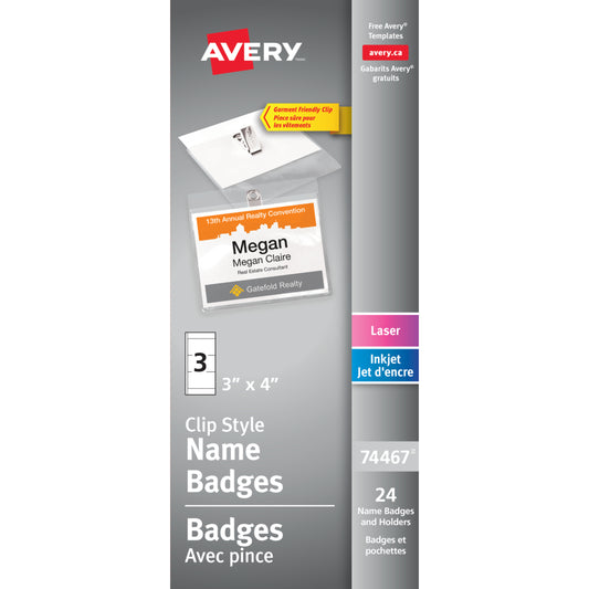 Kit de badges nominatifs laser/jet d'encre Avery Clip Style, 4" x 3", paquet de 24 (74467)