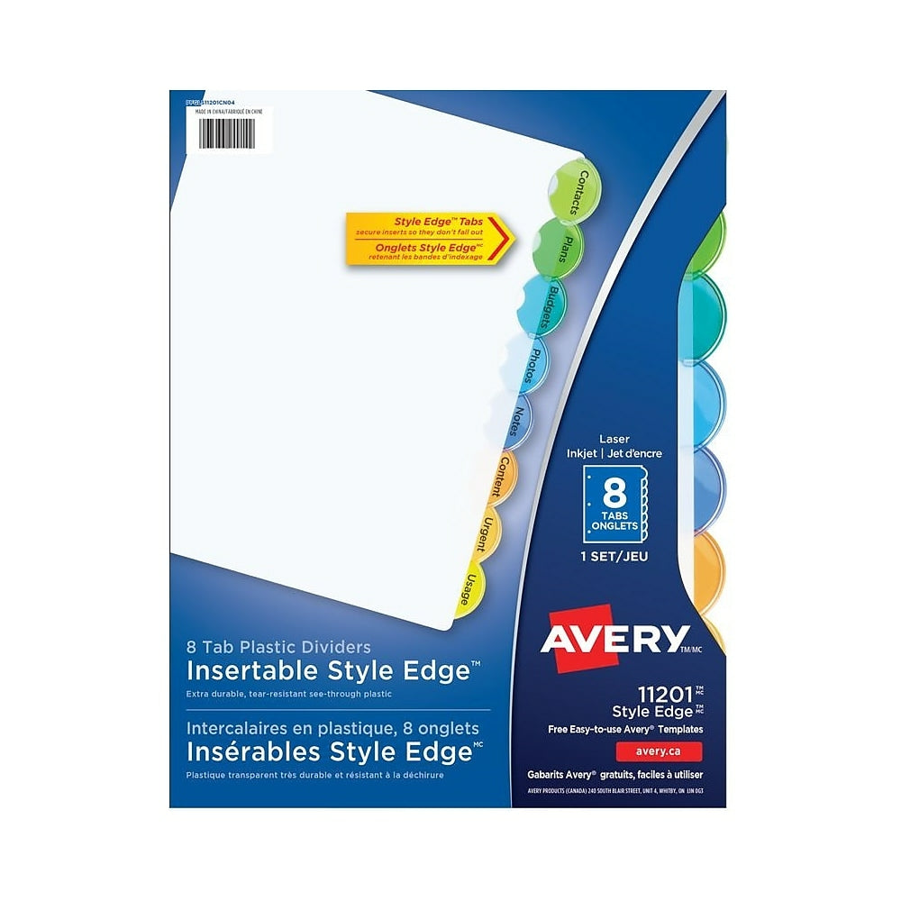 Intercalaires en plastique insérables Avery Style Edge pour imprimantes laser et jet d'encre - 8 onglets - Multicolore