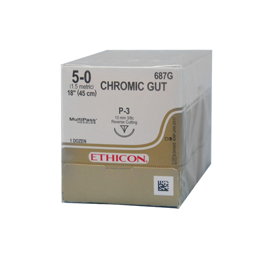 Ethicon Sutures. Chromic Gut. 687G 5-0 P-3 18" 12/Box