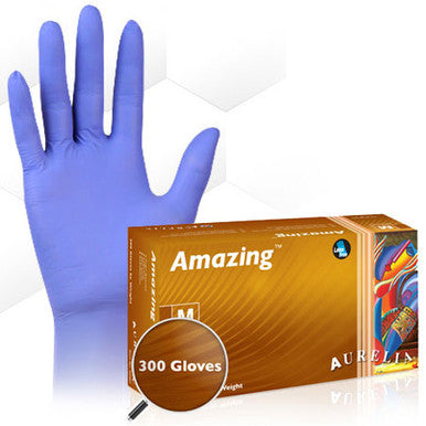 Aurelia Amazing Nitrile Gloves: LARGE 300/Bx. Powder-Free, Violet, Beaded Cuff