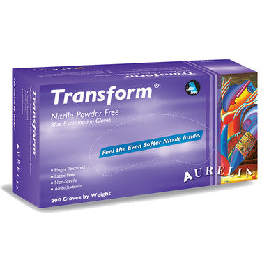 Aurelia Transform Nitrile Gloves: LARGE 200/Bx. Blue, Powder-Free, Textured