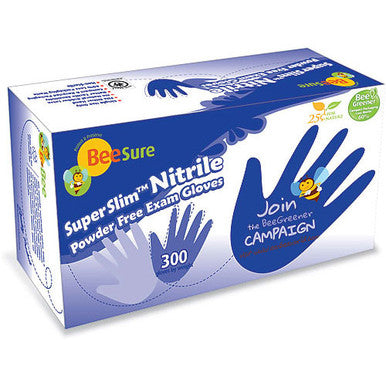 Guantes de examen de nitrilo BeeSure SuperSlim: grandes, 300/caja. Azul, sin polvo